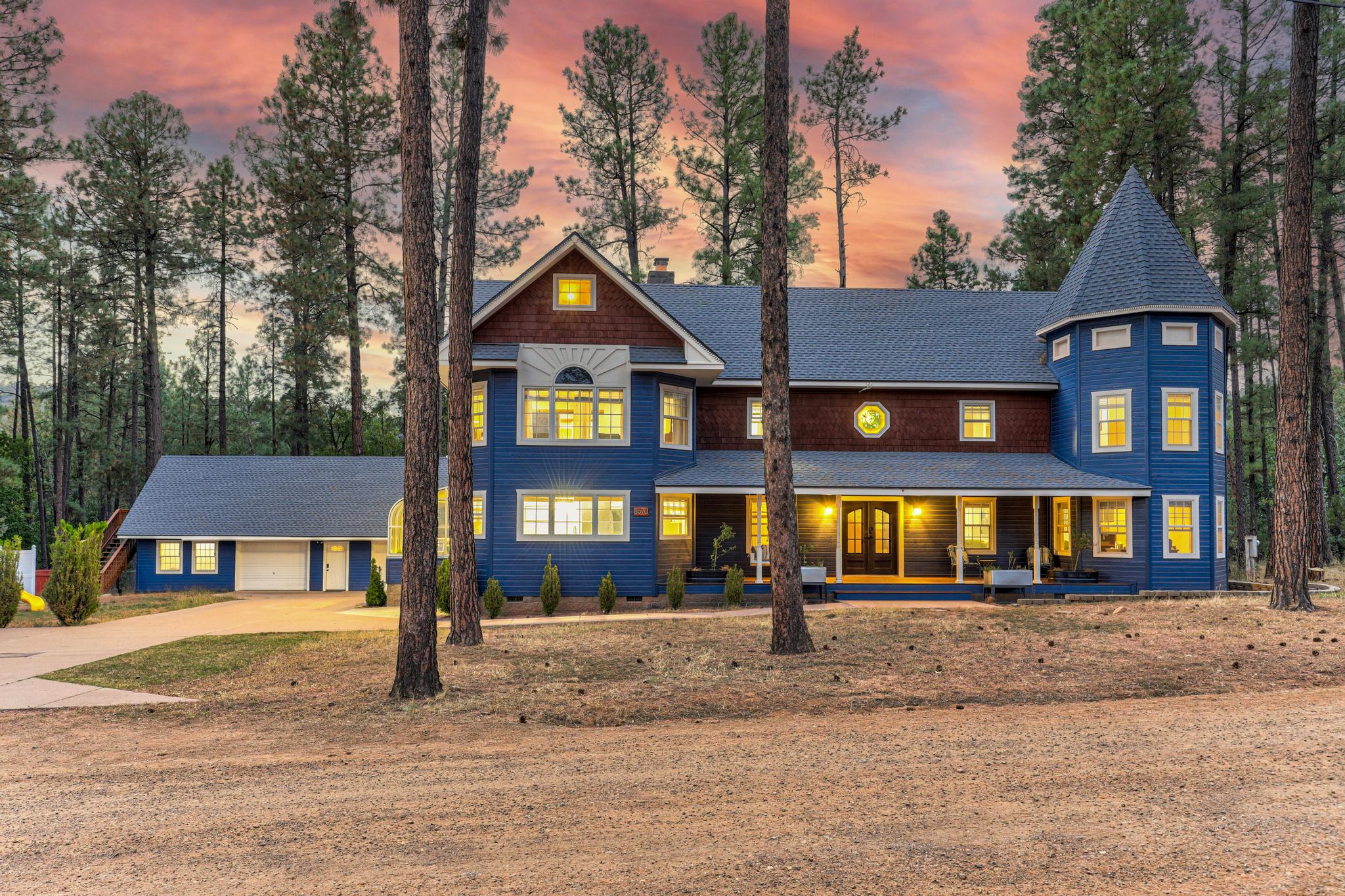 Wide twilight exterior view of Strawberry Pines Retreat